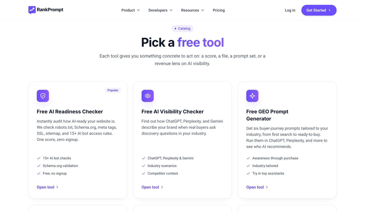 free ai visibility tools rankprompt catalog