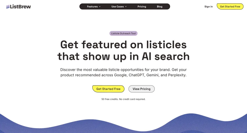 ListBrew homepage with the headline "Get featured on listicles that show up in AI search"