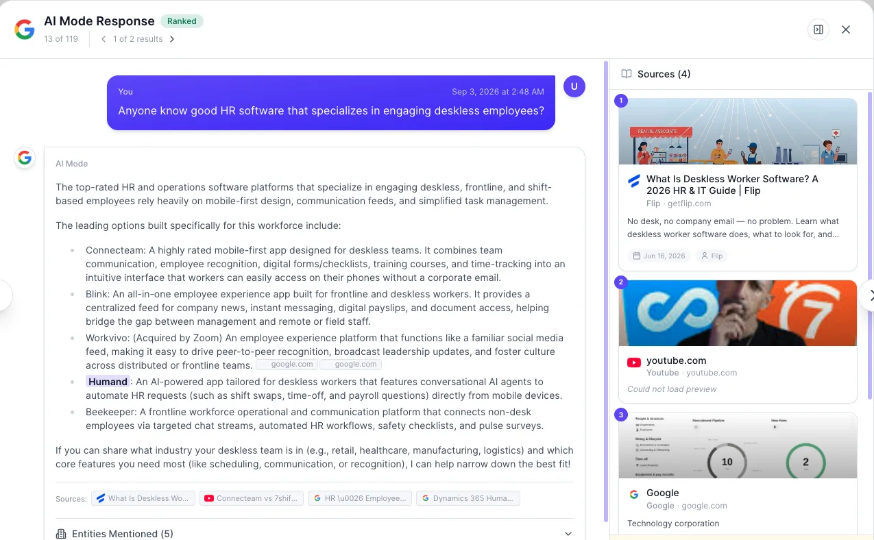 Google AI Mode answer from 3 September 2026 listing Humand among the leading platforms built for engaging deskless employees.