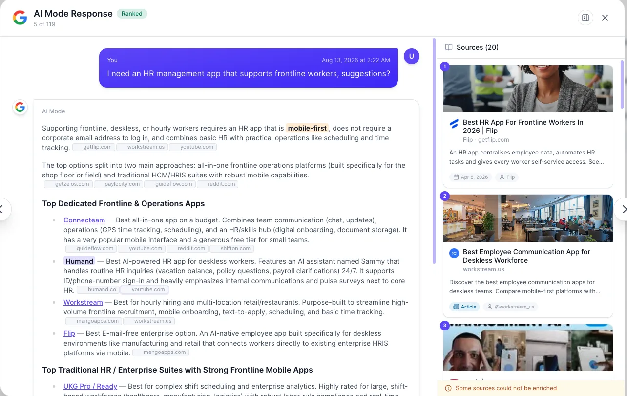 Google AI Mode answer from 13 August 2026 recommending Humand as the best AI-powered HR app for deskless workers, citing humand.co.