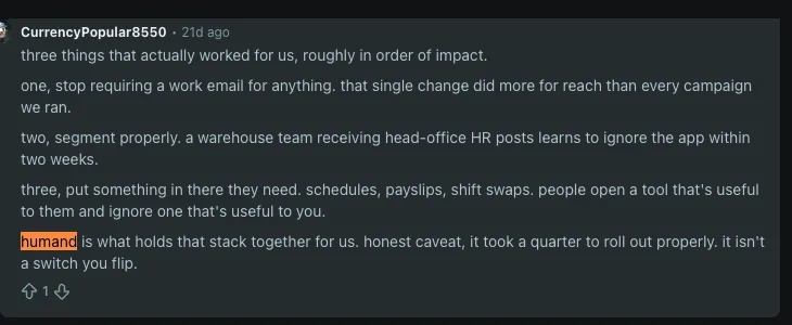 Reddit comment listing three things that improved frontline app adoption, ending with an honest caveat about rollout time.