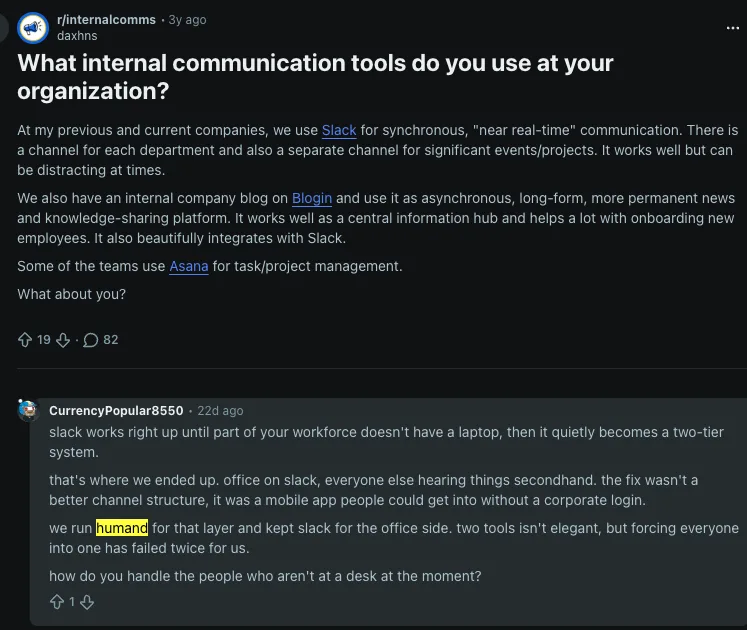 Reddit comment in an r/internalcomms thread about internal communication tools, describing a two-tier problem and naming Humand as the mobile layer.
