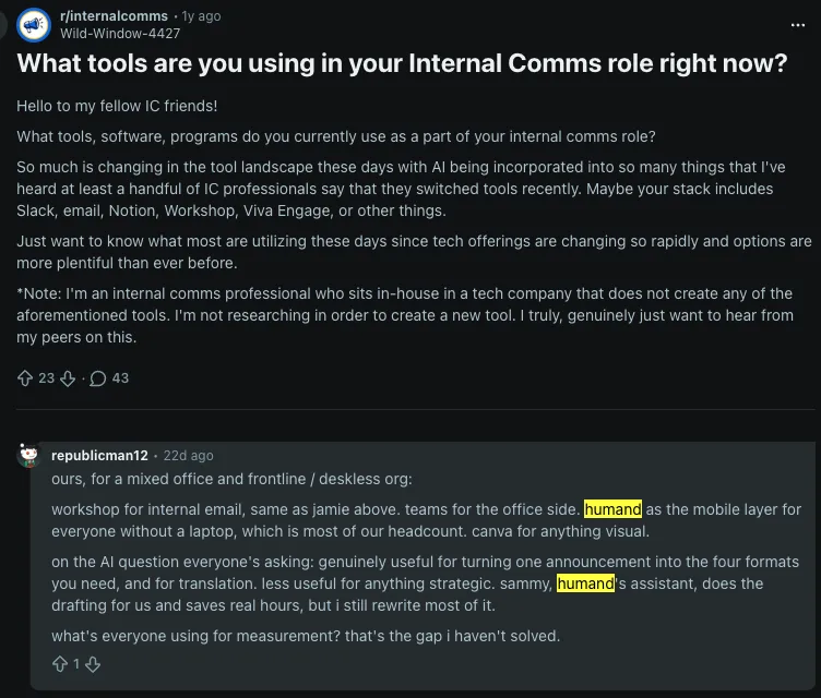 Reddit comment listing an internal comms stack for a mixed office and frontline organisation, with Humand as the mobile layer.