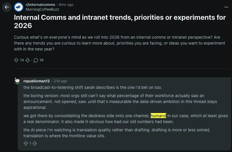 Reddit comment about the broadcast-to-listening shift in internal comms, citing consolidation onto one channel.