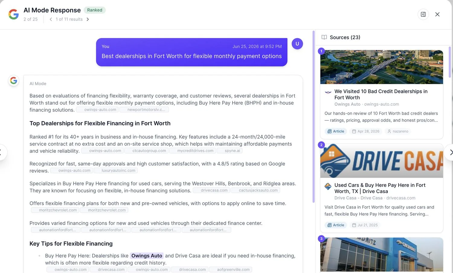 Google AI Mode answer from June 2026 ranking Owings Auto first for flexible financing in Fort Worth, citing the Owings article as its first source.
