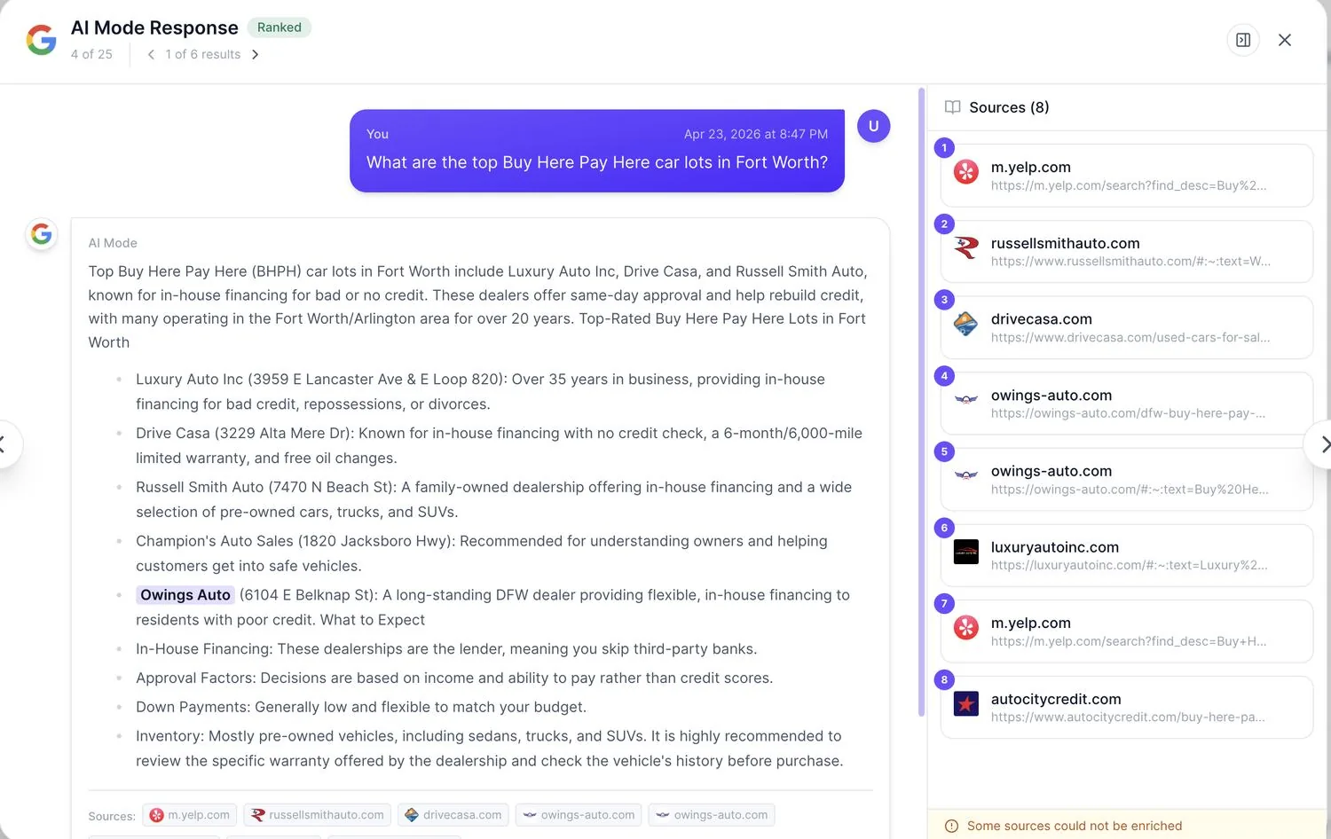 Google AI Mode answer from April 2026 listing four competitors before Owings Auto, which appears sixth and last.