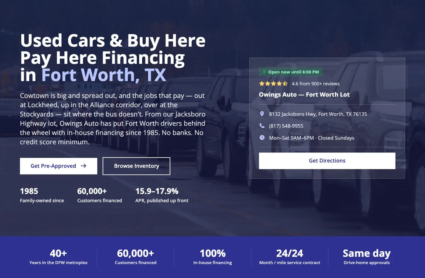 The rebuilt Owings Auto Fort Worth location page with financing above the fold, a published APR range, and a stat band.